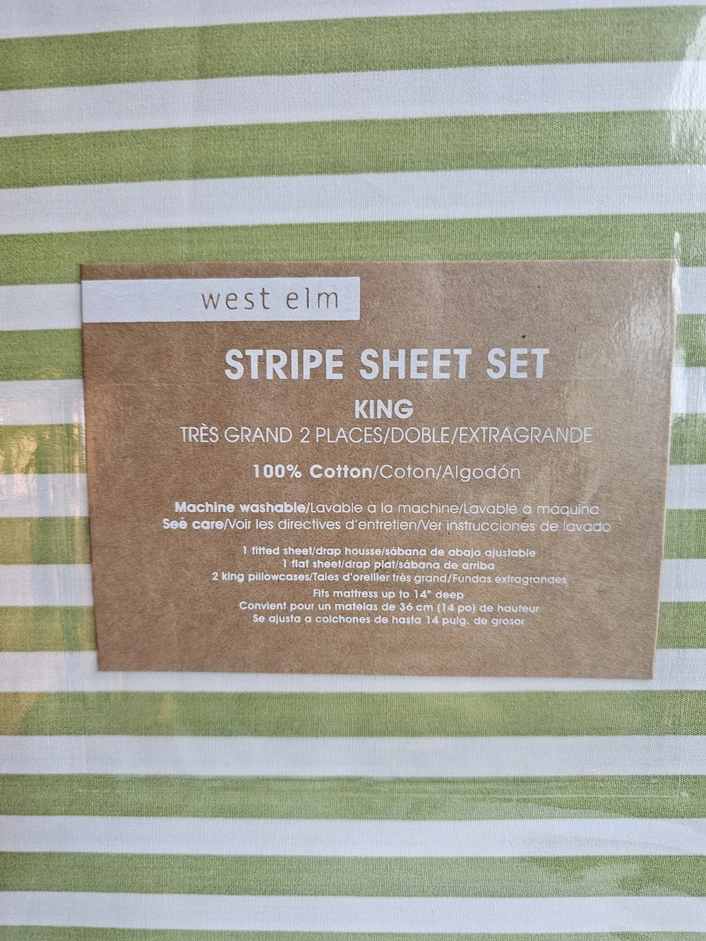 West Elm Stripe Sheet Set - Green & White NWT In The Package